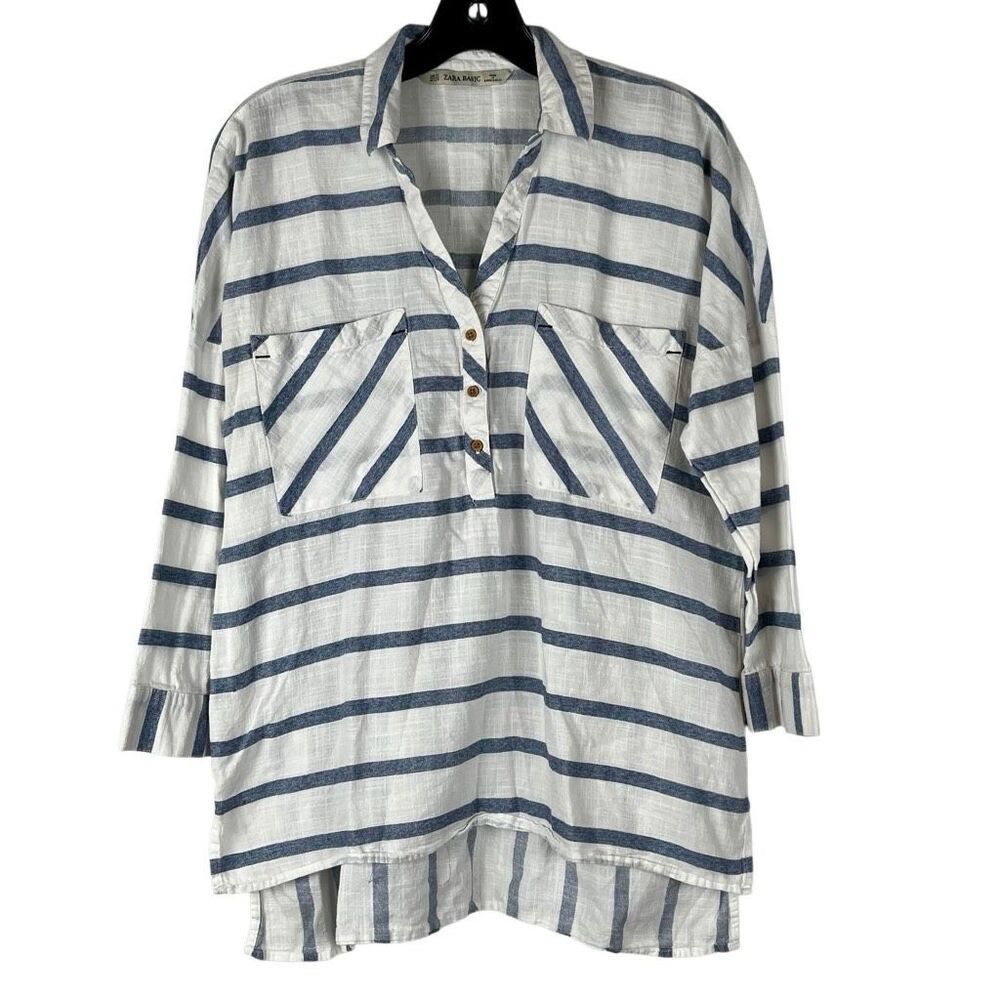 Zara Basic White Blue Striped V-neckline 3/4 Sleeve Blouse XS